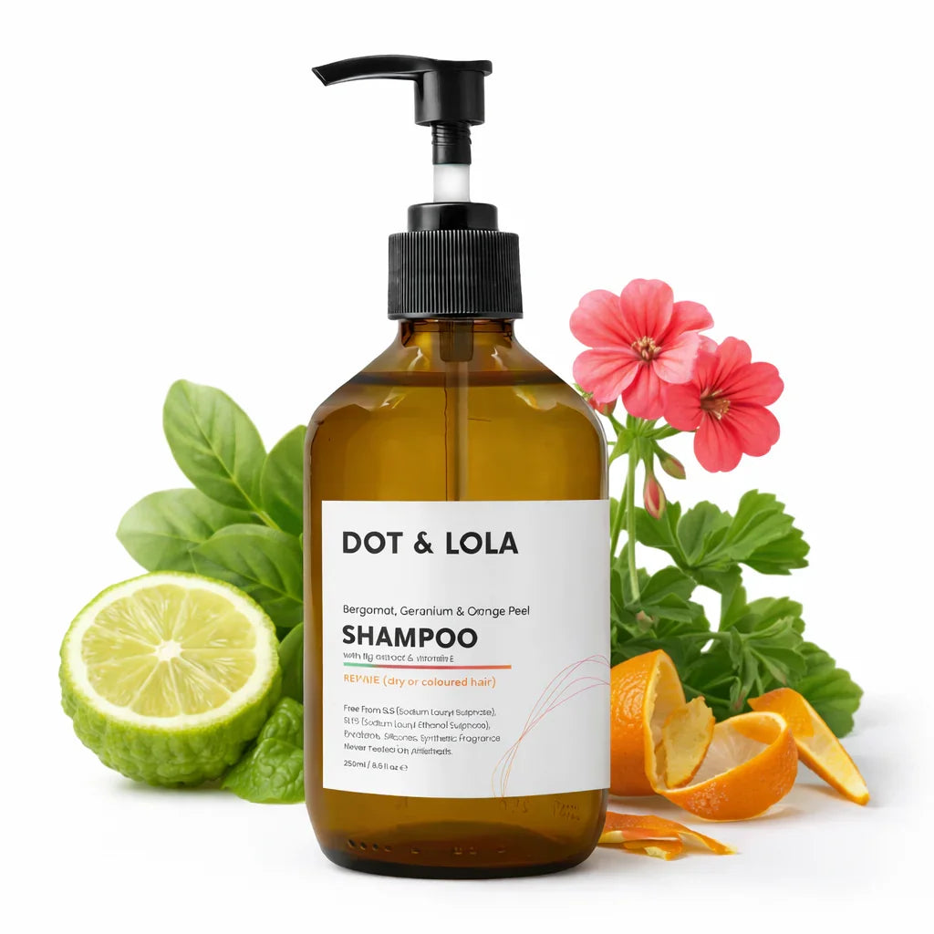 Dot & Lola bergamot, geranium, and orange peel shampoo bottle with natural plant ingredients